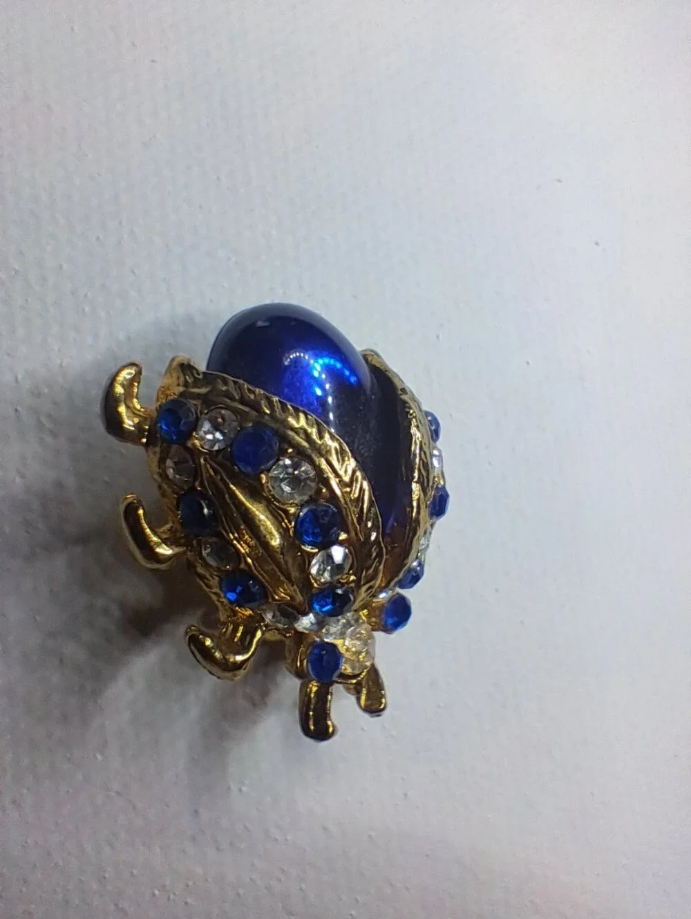 Vintage Royal Blue Jelly Belly Ladybug Brooch Gold Tone Rhinestone Pin